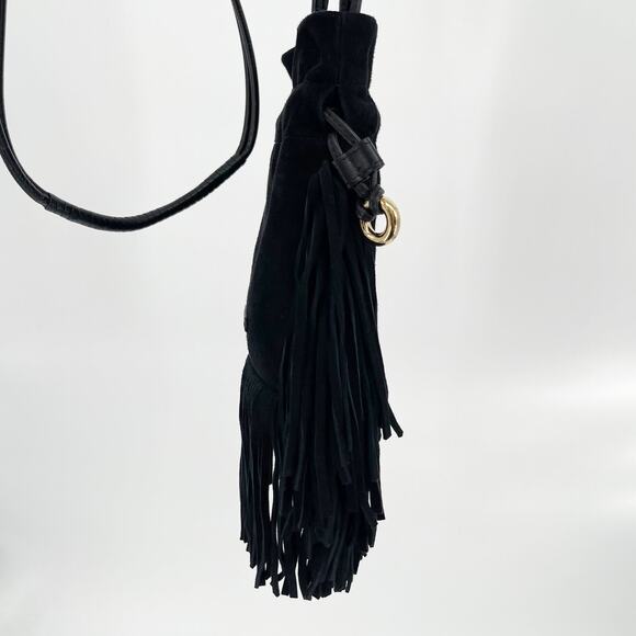 Aquazzura Black Suede Gytane Mini Fringe Trim Drawstring Hobo Crossbody Bag - Picture 10 of 10